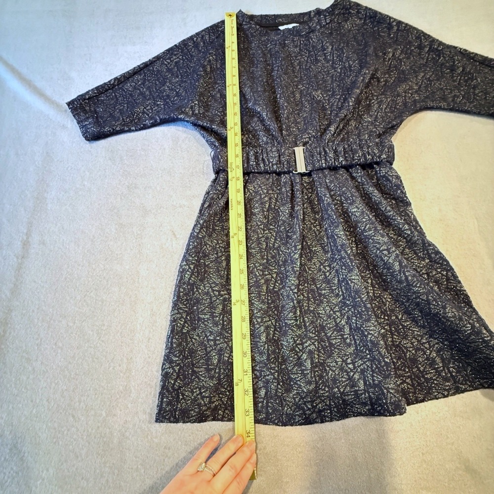 FRNCH Navy Metallic Belted Party Dress – Shimmer Holiday Cocktail Dress - Small - Picture 13 of 16